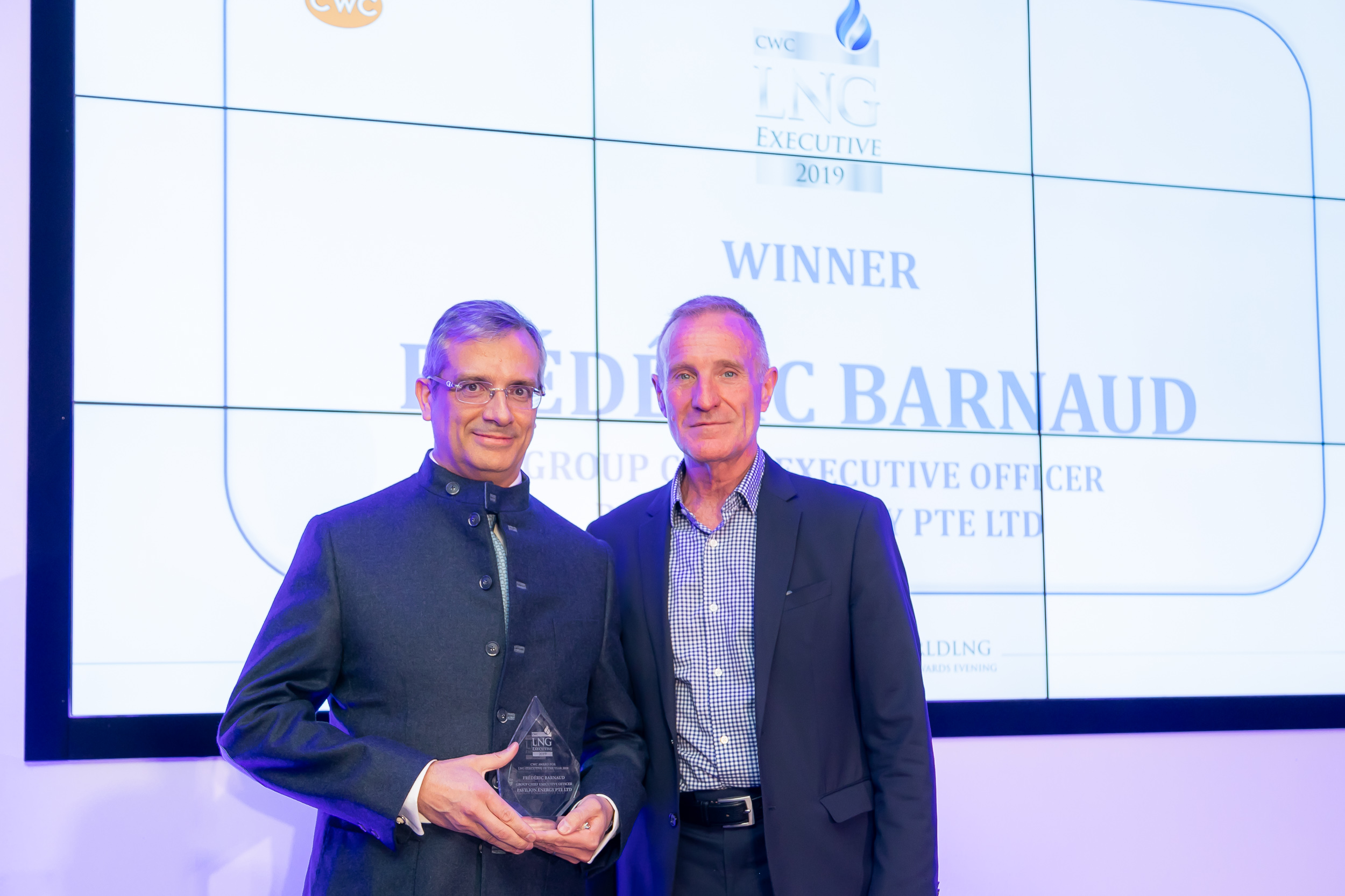 (L to R) Mr Frédéric H. Barnaud, Group CEO of Pavilion Energy and Mr Mark Gyetvay, Chief Financial Officer of NOVATEK. Frédéric accepted the award from Mr Gyetvay, who had received the 2018 CWC Executive of the Year award on behalf of 2018 winner, Mr Leonid Mikhelson, Chairman of Management Board, NOVATEK.